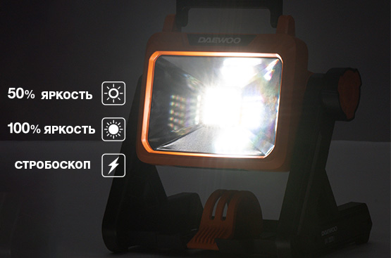 Фонарь может работать в 3-х режимах: «100% яркости» - световой поток 2000 Лм «50% яркости» - световой поток 1000 Лм «Стробоскоп» - кратковременные включения света максимальной яркости. Переключение режимов осуществляется простым нажатием кнопки