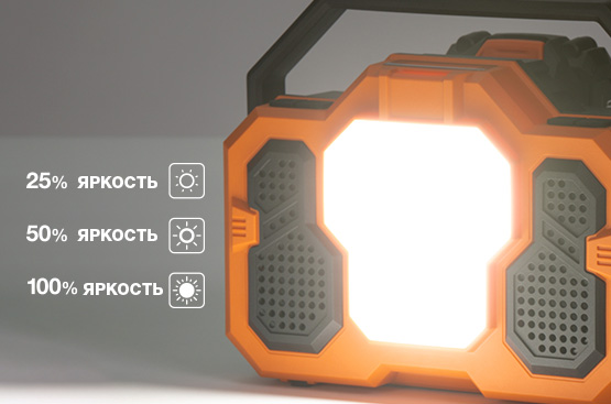 Фонарь может работать в 3-х режимах: «100% яркости» - световой поток 1500 Лм «50% яркости» - световой поток 800 Лм «25% яркости» - световой поток 400 Лм Переключение режимов осуществляется простым нажатием кнопки